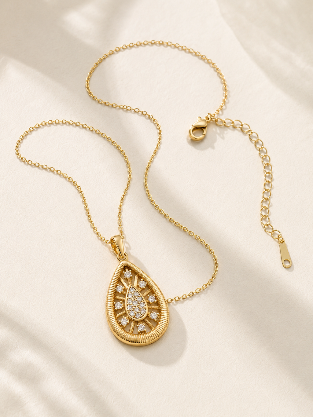 Gold Teardrop Starburst CZ Pendant Necklace