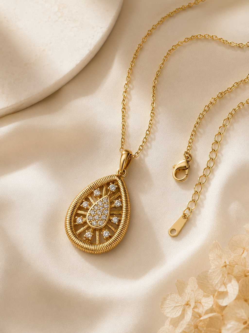 Gold Teardrop Starburst CZ Pendant Necklace