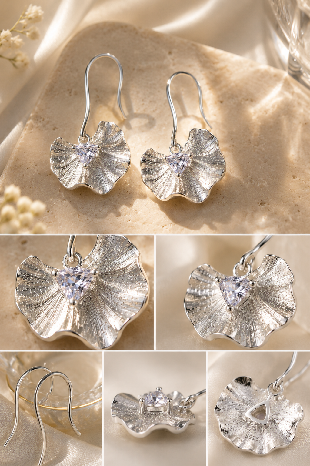 Silver Petal Drop Earrings