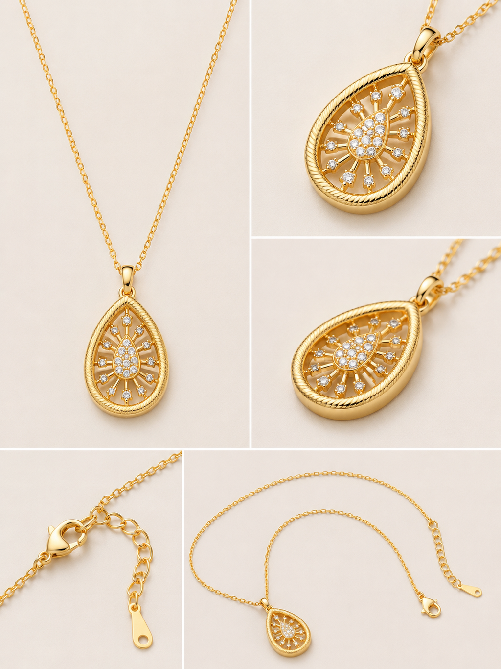 Gold Teardrop Starburst CZ Pendant Necklace