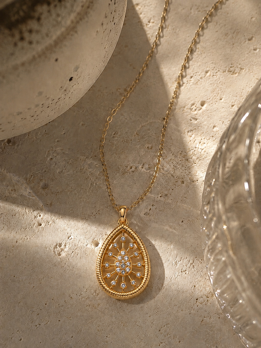 Gold Teardrop Starburst CZ Pendant Necklace