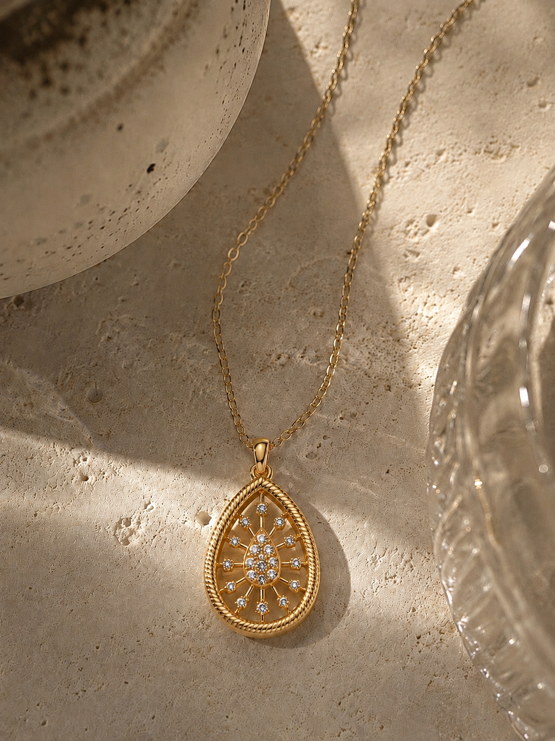 Gold Teardrop Starburst CZ Pendant Necklace