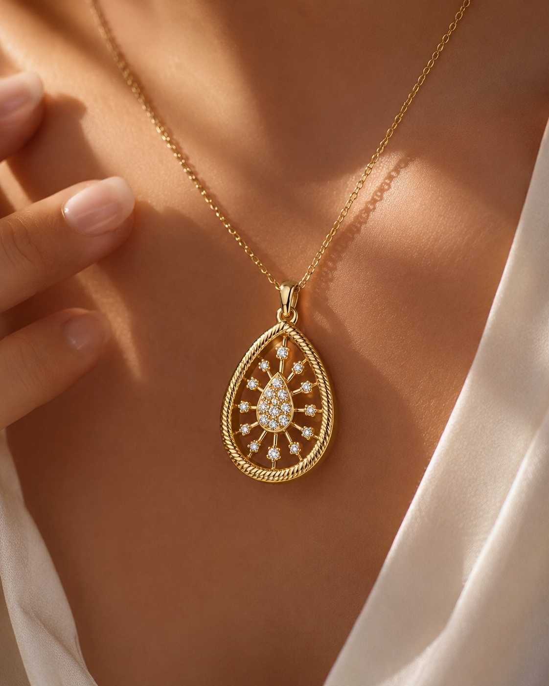 Gold Teardrop Starburst CZ Pendant Necklace