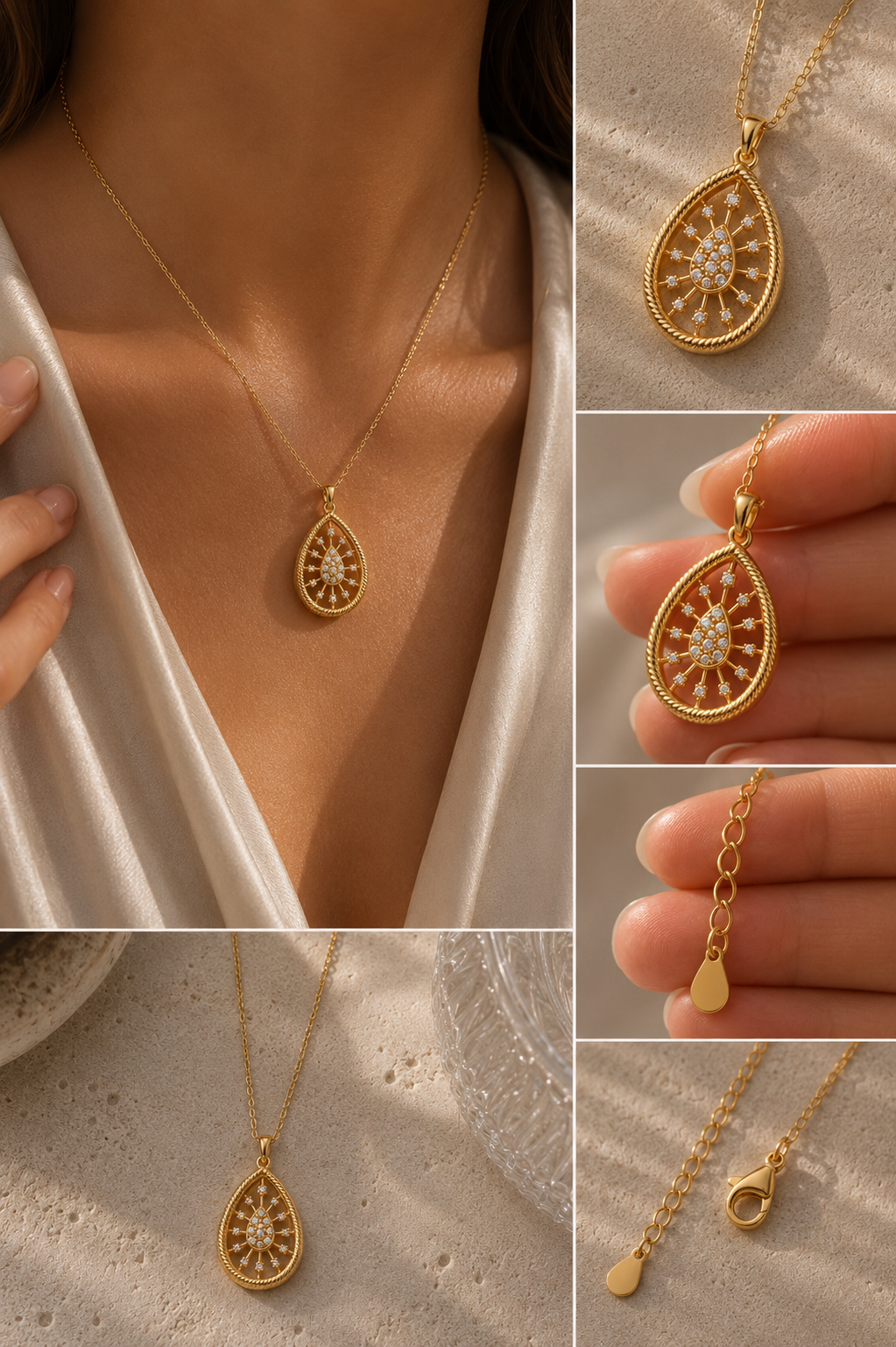 Gold Teardrop Starburst CZ Pendant Necklace