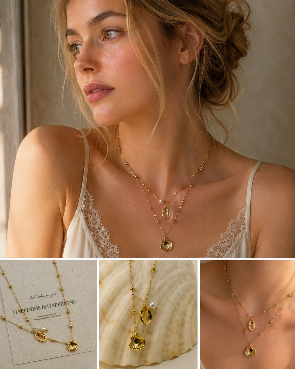 Layered Shell Pearl Gold Necklace