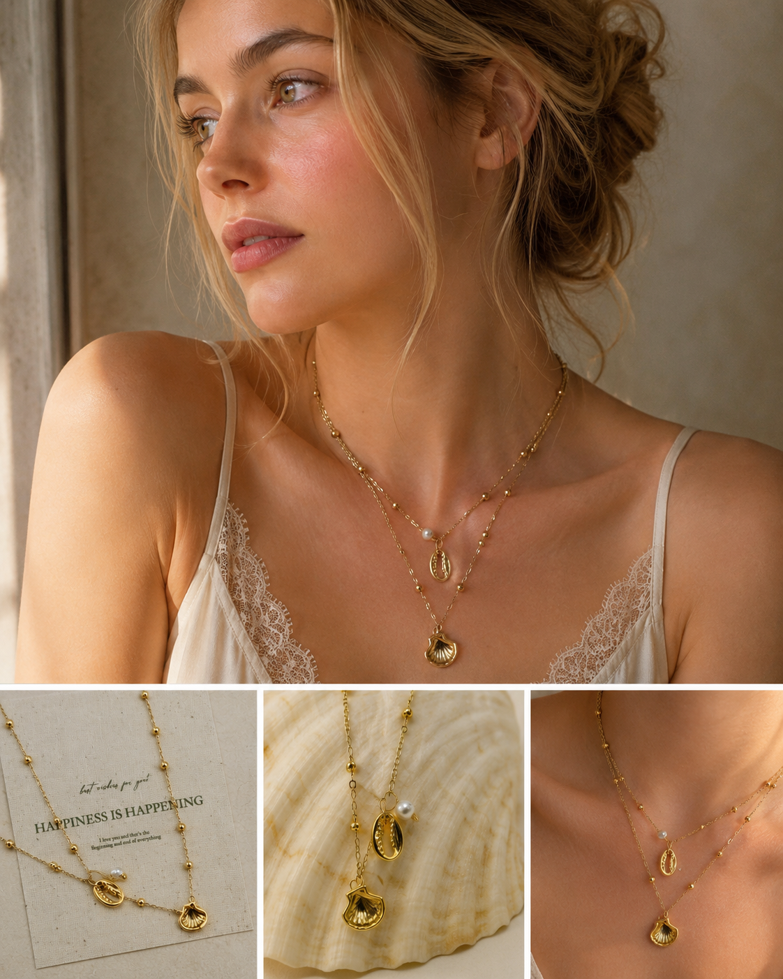 Layered Shell Pearl Gold Necklace